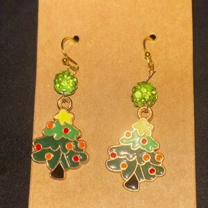 Festive Green and Gold Christmas Tree Earrings